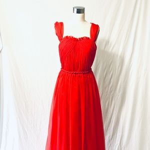 Red 100% Silk Maxi Dress with Sweetheart Neck, Draping and Twisted Rope Detail S